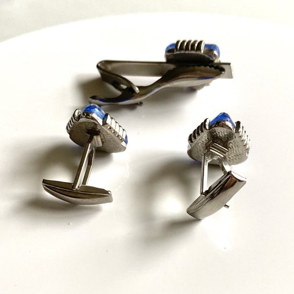 Cuff Link Tie Clip 3 Piece Set Blue Stones Silver Toned.........40 - Picture 7 of 8